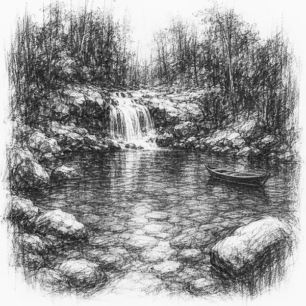 Charcoal sketch of a clear deep river pool among smooth rocks