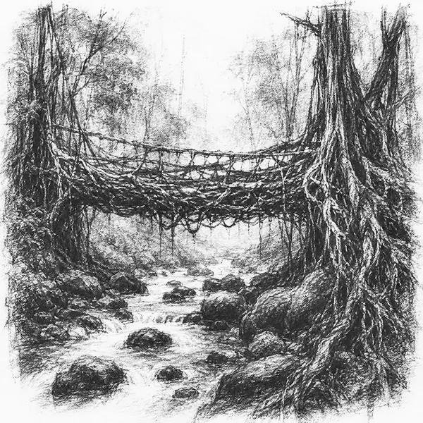 Charcoal sketch of a living tree-root bridge of Meghalaya over a stream