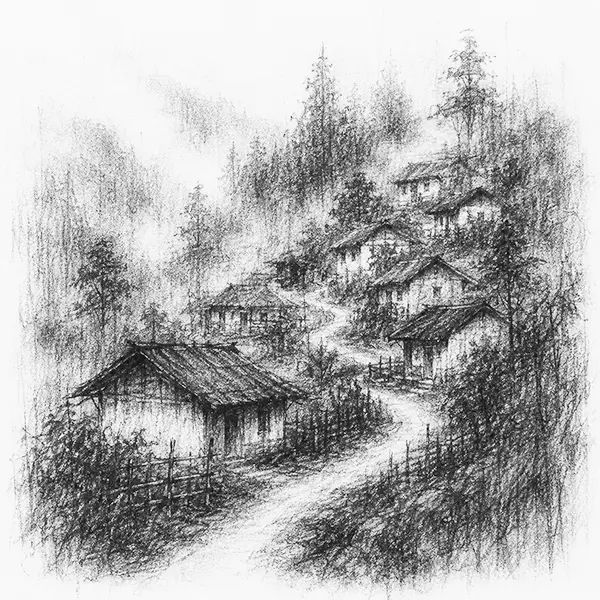 Charcoal sketch of a tidy thatch village among green hills in Meghalaya
