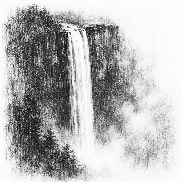 Charcoal sketch of a tall Meghalaya waterfall plunging off a plateau into cloud