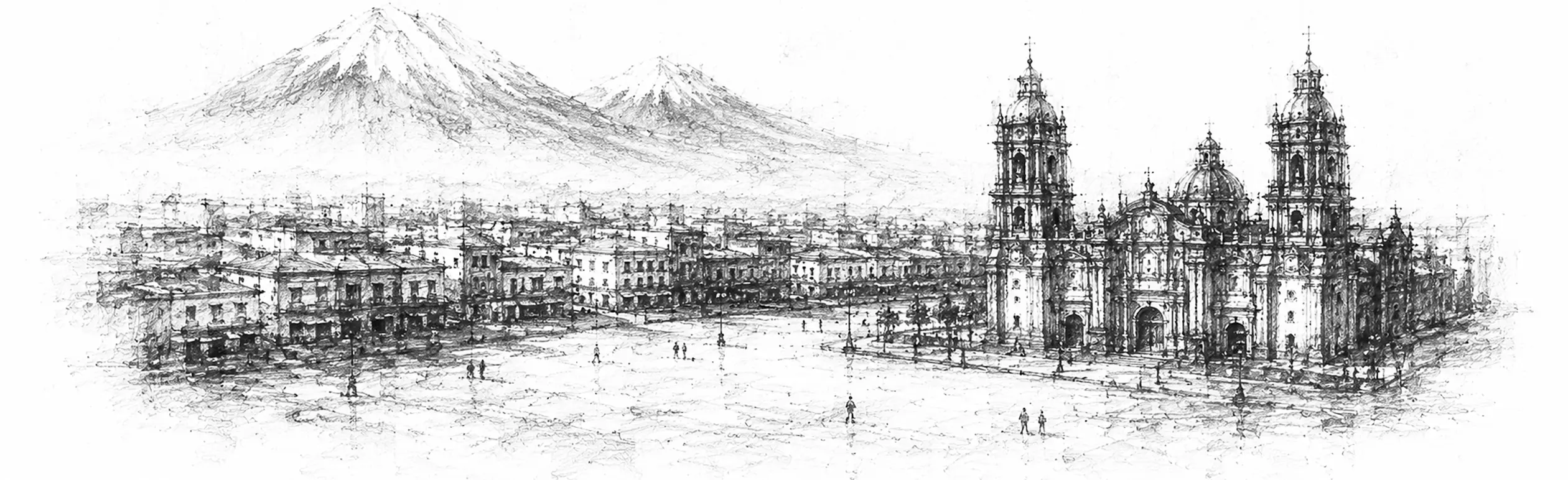 Charcoal sketch of a great flat plaza and cathedral, the city spreading to two snow-capped volcanoes on the horizon in hard light - never been abroad