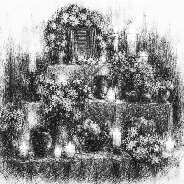 Charcoal sketch of a day-of-the-dead altar heaped with marigolds and candles