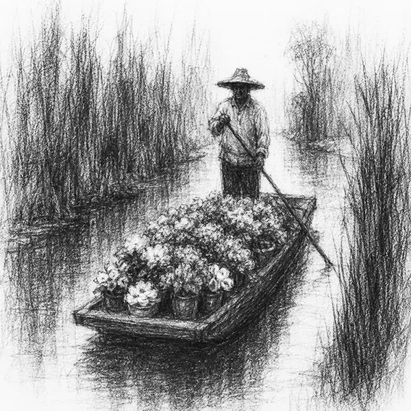 Charcoal sketch of a flat flower-laden boat poled along a canal