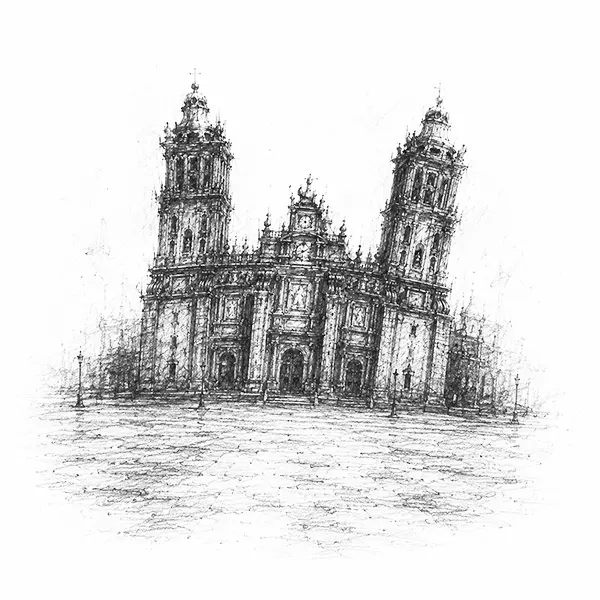 Charcoal sketch of an old cathedral leaning as it sinks, over a great flat plaza in Mexico City
