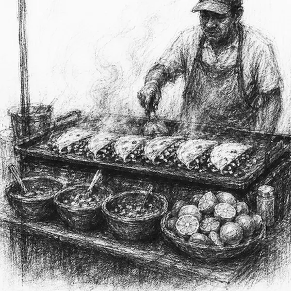 Charcoal sketch of a street-food stall — folded tacos, a griddle, bowls of salsa and limes