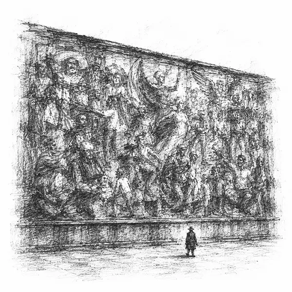 Charcoal sketch of a vast painted mural across a wall in Mexico City