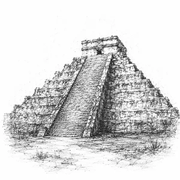 Charcoal sketch of a stepped pyramid against the sky