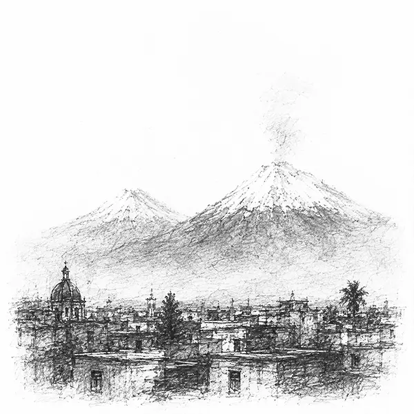 Charcoal sketch of two snow volcanoes rising beyond the rooftops of Mexico City