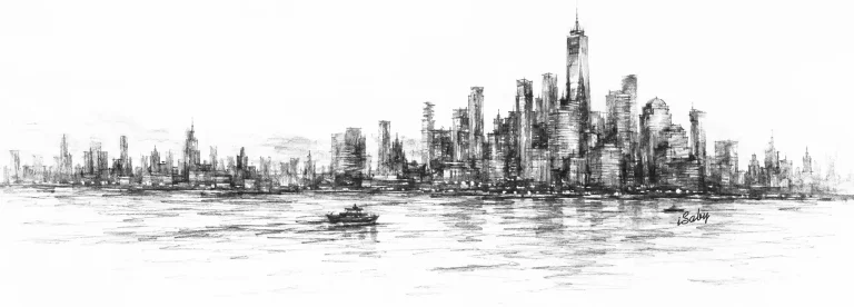 Charcoal sketch of the Manhattan skyline at dusk seen across the water, towers crowded against a pale sky - never been abroad