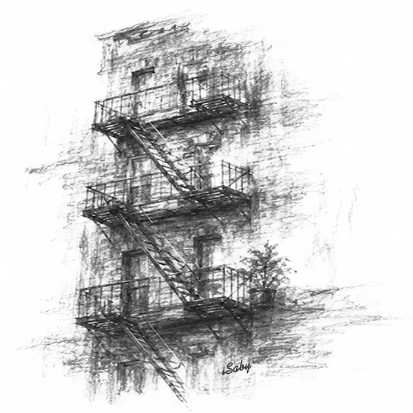Charcoal sketch of an iron fire escape zigzagging down the brick front of a New York tenement