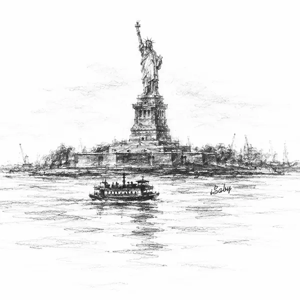 Charcoal sketch of the harbour statue holding up a lamp, small across the water, a ferry passing