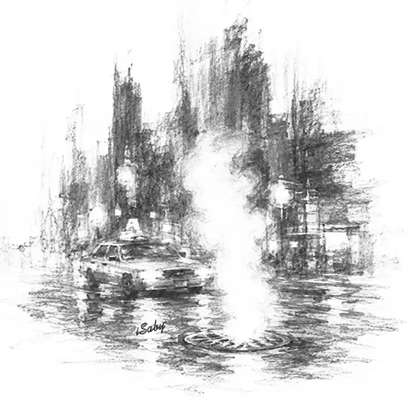 Charcoal sketch of steam rising from a street manhole as a cab passes in a New York avenue