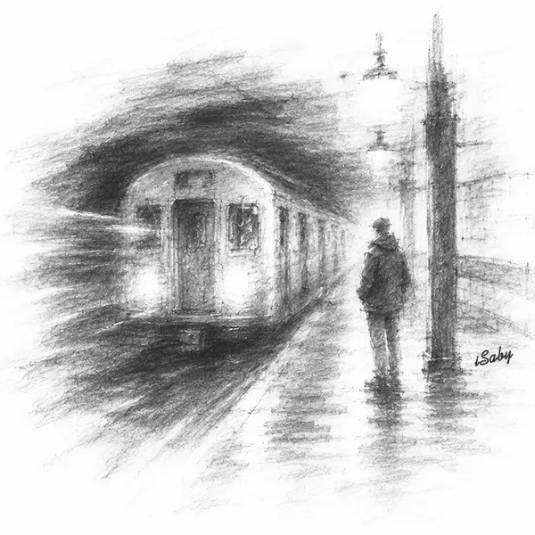 Charcoal sketch of a subway train rushing into a tiled station platform, a lone figure waiting