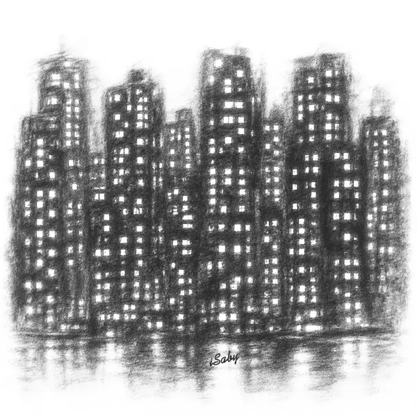 Charcoal sketch of a tall building's grid of lit windows stacked into the night
