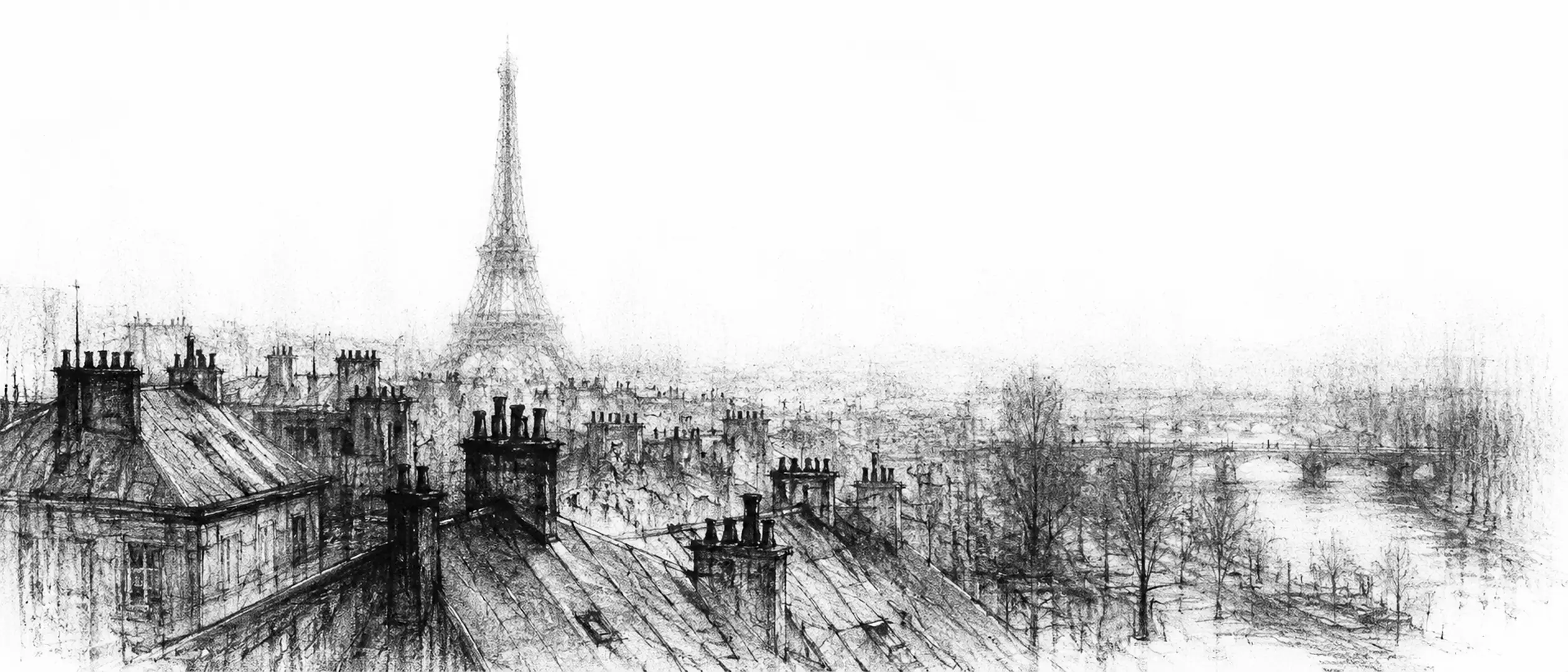 Charcoal sketch of grey zinc rooftops and chimney pots running to the iron lattice tower in haze, a glimpse of the river - never been abroad