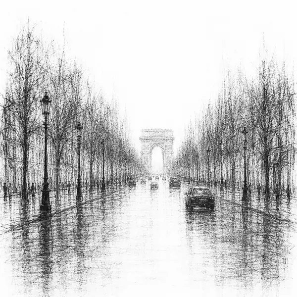 Charcoal sketch of the grand avenue of Paris leading to a triumphal arch