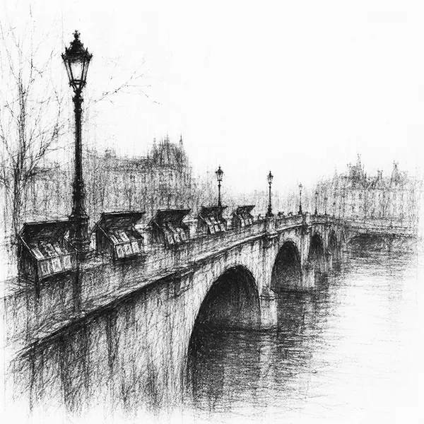 Charcoal sketch of a river bridge with bookstalls along the parapet