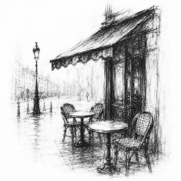 Charcoal sketch of a Paris café terrace with round tables, cane chairs and an awning