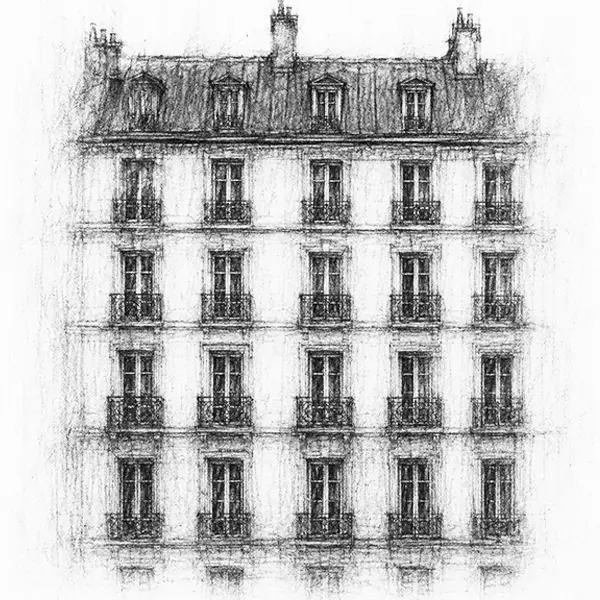 Charcoal sketch of a tall-windowed façade with iron balconies