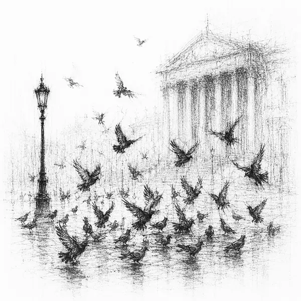 Charcoal sketch of pigeons scattering before a great columned museum