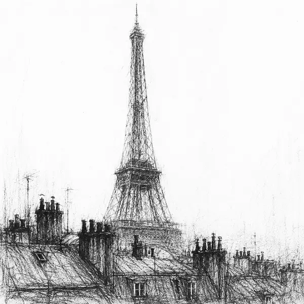 Charcoal sketch of the iron lattice tower (Eiffel tower) rising over grey rooftops of Paris
