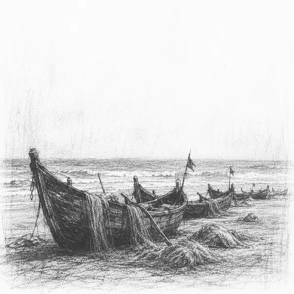 Charcoal sketch of a wide grey beach with beached wooden fishing boats