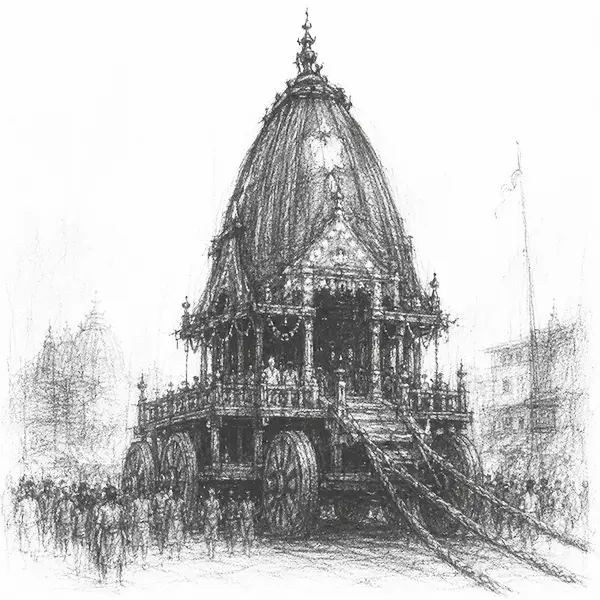 Charcoal sketch of a giant wooden festival chariot with tall wheels in Puri