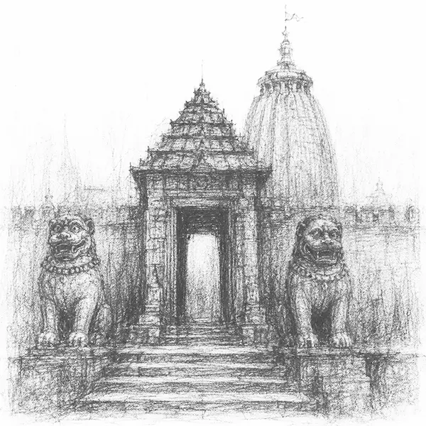 Charcoal sketch of a temple gateway flanked by carved stone guardian lions in Puri