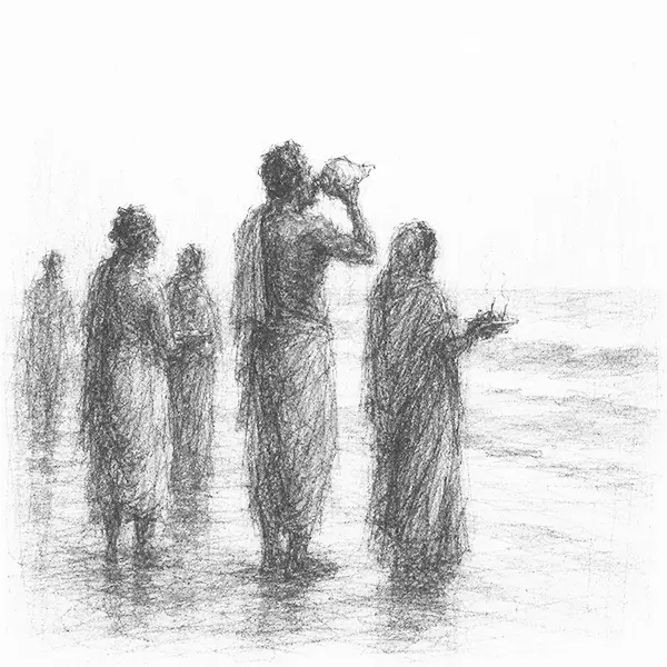 Charcoal sketch of pilgrims with conch shells and offerings