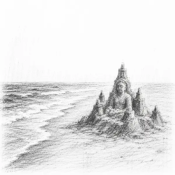 Charcoal sketch of a sand sculpture on the beach