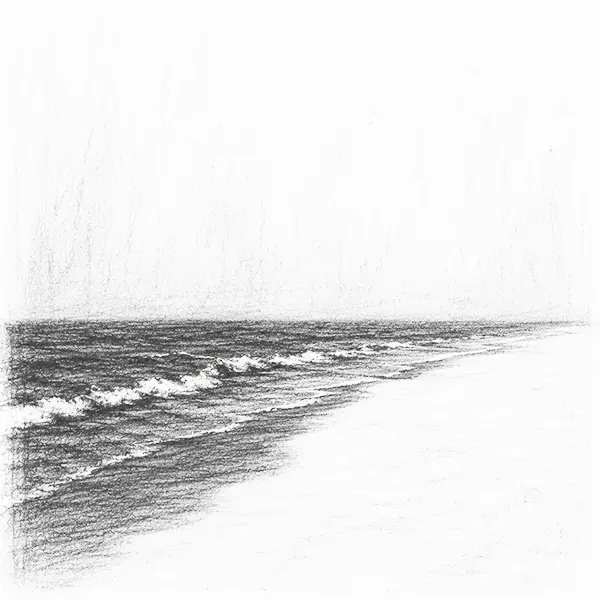 Charcoal sketch of the Puri sea meeting a long empty stretch of sand