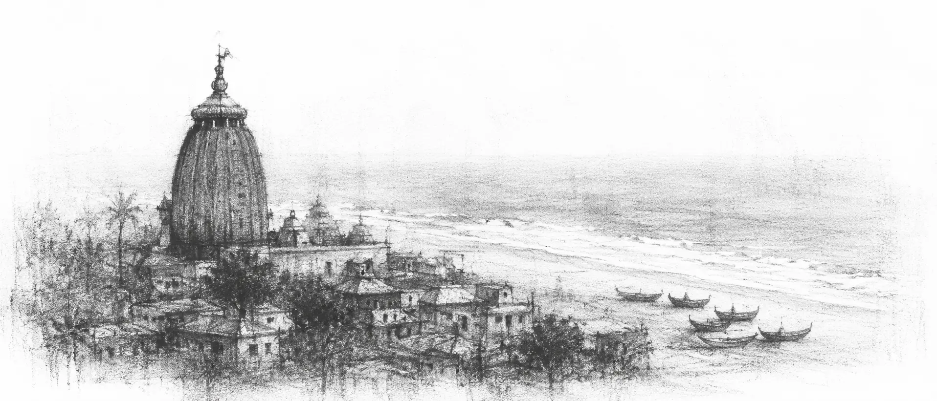 Charcoal sketch of a great temple spire rising over a low town, the grey Bay of Bengal and fishing boats beyond - never been abroad