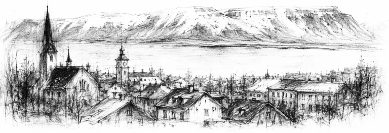 Charcoal sketch of a small northern town of low rooftops above a broad bay, a long snow-streaked mountain ridge across the water under a pale wide sky - never been abroad