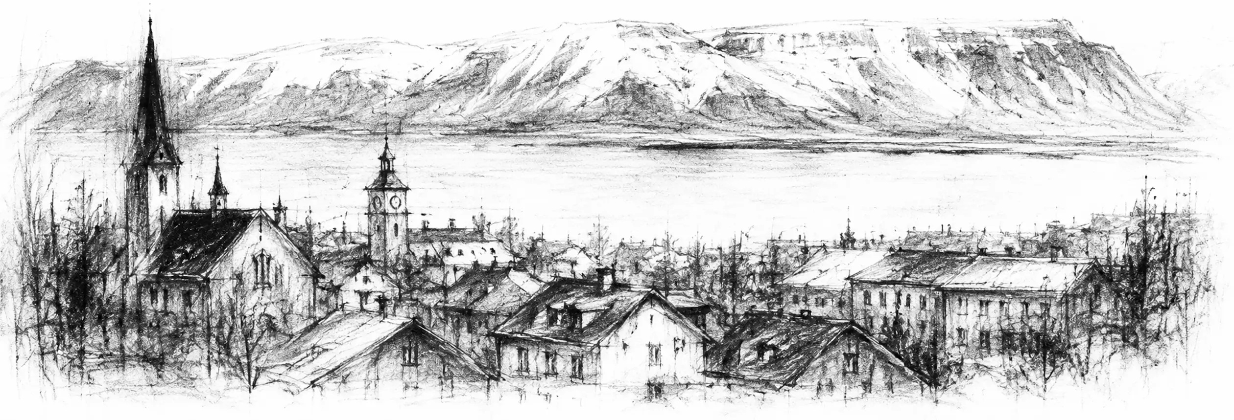 Charcoal sketch of a small northern town of low rooftops above a broad bay, a long snow-streaked mountain ridge across the water under a pale wide sky - never been abroad