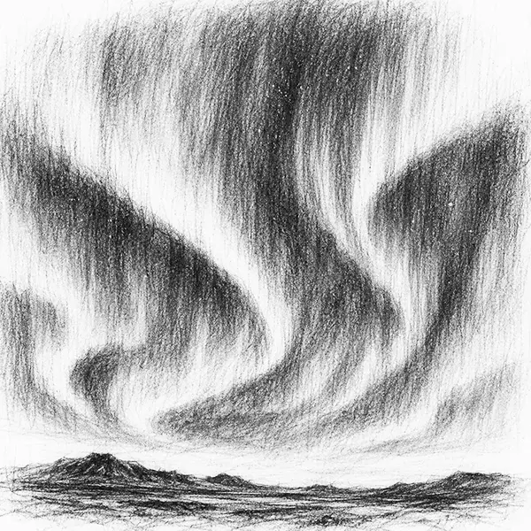 Charcoal sketch of ribbons of aurora over a low empty horizon