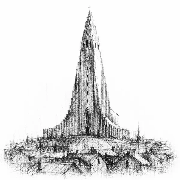 Charcoal sketch of a tall stepped concrete church of Reykjavík standing alone on a rise above low rooftops
