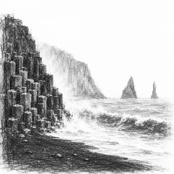 Charcoal sketch of a black-sand shore with basalt columns and breaking surf in Reykjavík