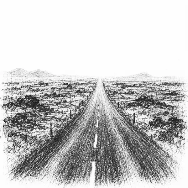 Charcoal sketch of a single straight road running out across an empty lava field to the horizon