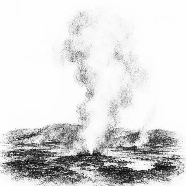 Charcoal sketch of geothermal steam rising off bare open ground one can find in Reykjavík