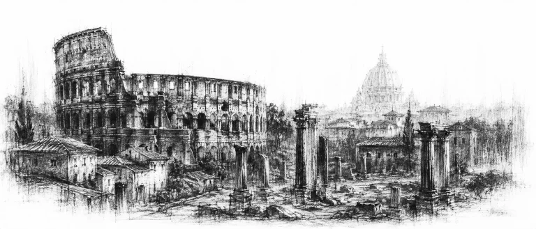 Charcoal sketch of the great ruined amphitheatre and ancient ruins among ochre rooftops, a dome standing beyond in warm haze - never been abroad