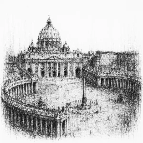 Charcoal sketch of a vast domed basilica rising over a colonnaded oval square in Rome