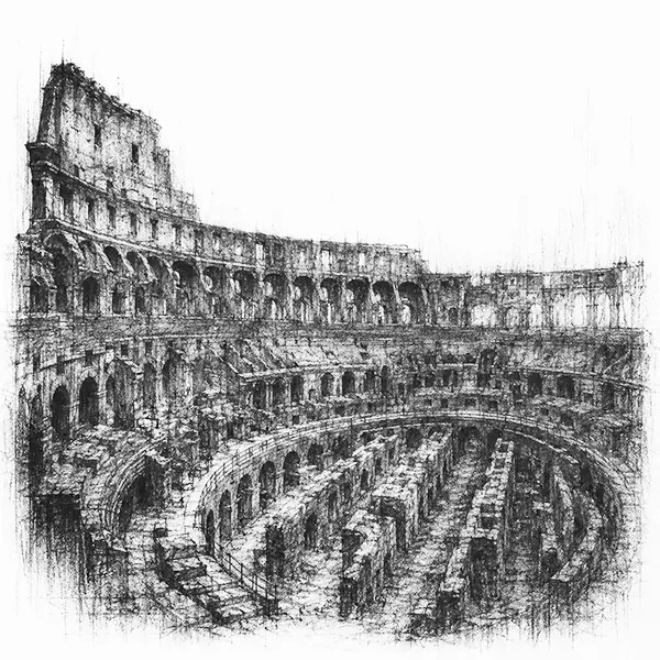 Charcoal sketch of the great ruined oval amphitheatre in Rome, its arched tiers broken open to the sky