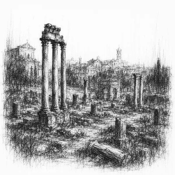 Charcoal sketch of broken columns and fallen stone of an ancient forum among the modern city