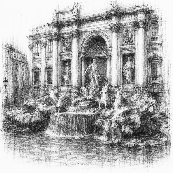 Charcoal sketch of a baroque fountain of stone figures spilling water into a piazza