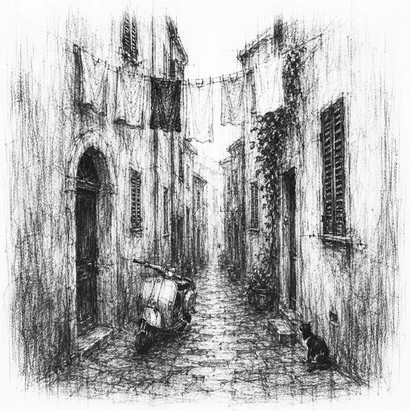 Charcoal sketch of a narrow ochre lane with shutters and washing strung overhead