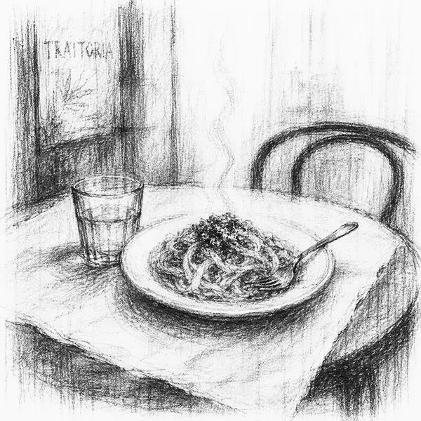 Charcoal sketch of a simple plate of pasta on a trattoria table in Rome