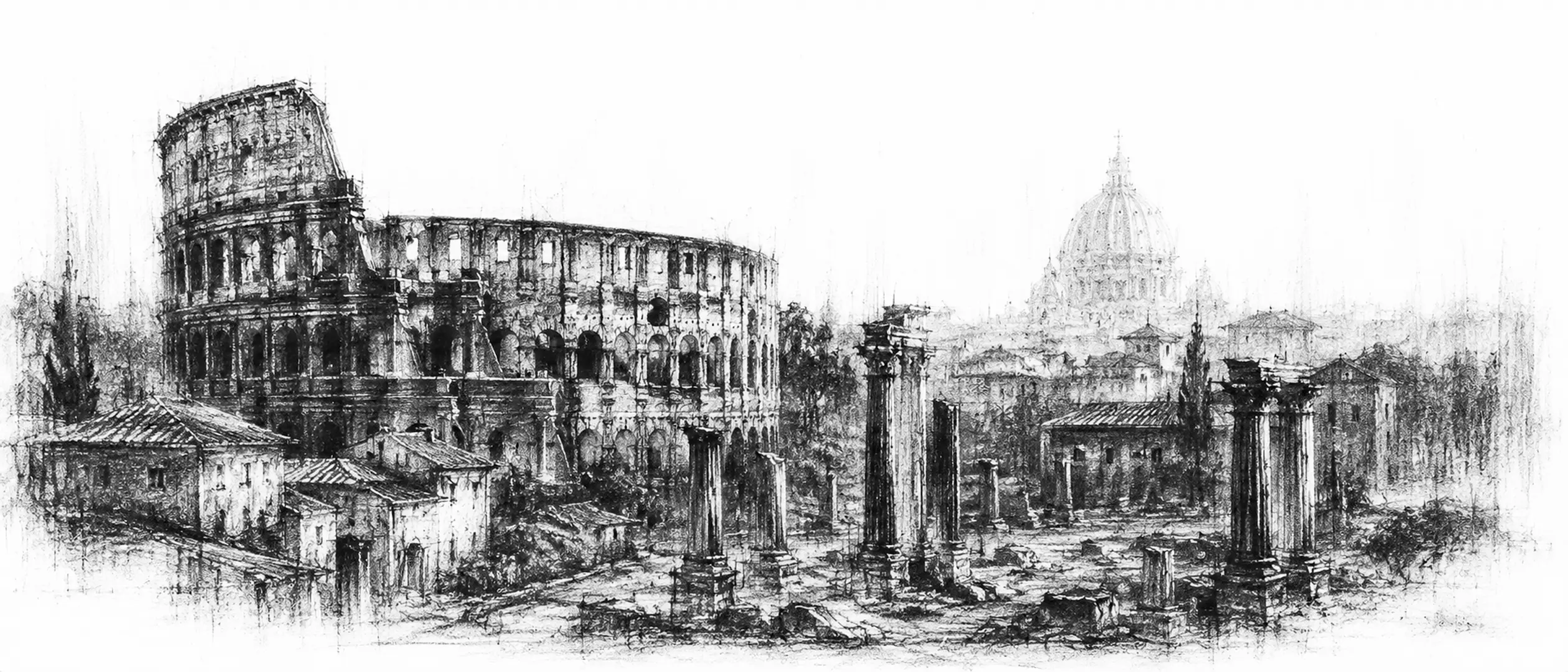 Charcoal sketch of the great ruined amphitheatre and ancient ruins among ochre rooftops, a dome standing beyond in warm haze - never been abroad