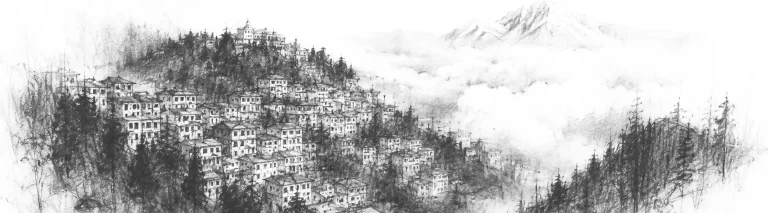 Charcoal sketch of a hill-capital of stacked houses spilling down a steep green ridge into cloud-filled valleys, a faint snow peak beyond - never been abroad