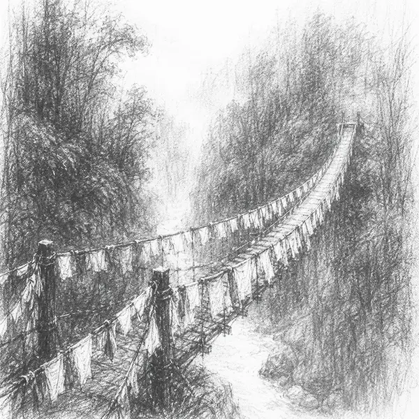 Charcoal sketch of a long footbridge in Sikkim hung with prayer flags over a green river gorge