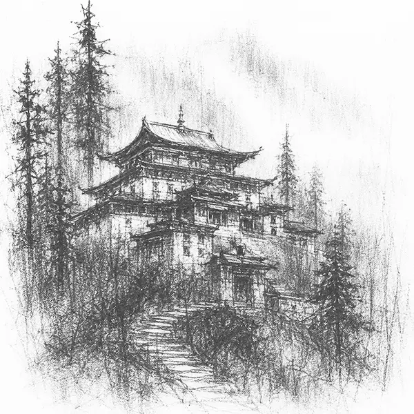 Charcoal sketch of a big tiered-roof monastery in Sikkim standing among dark pines
